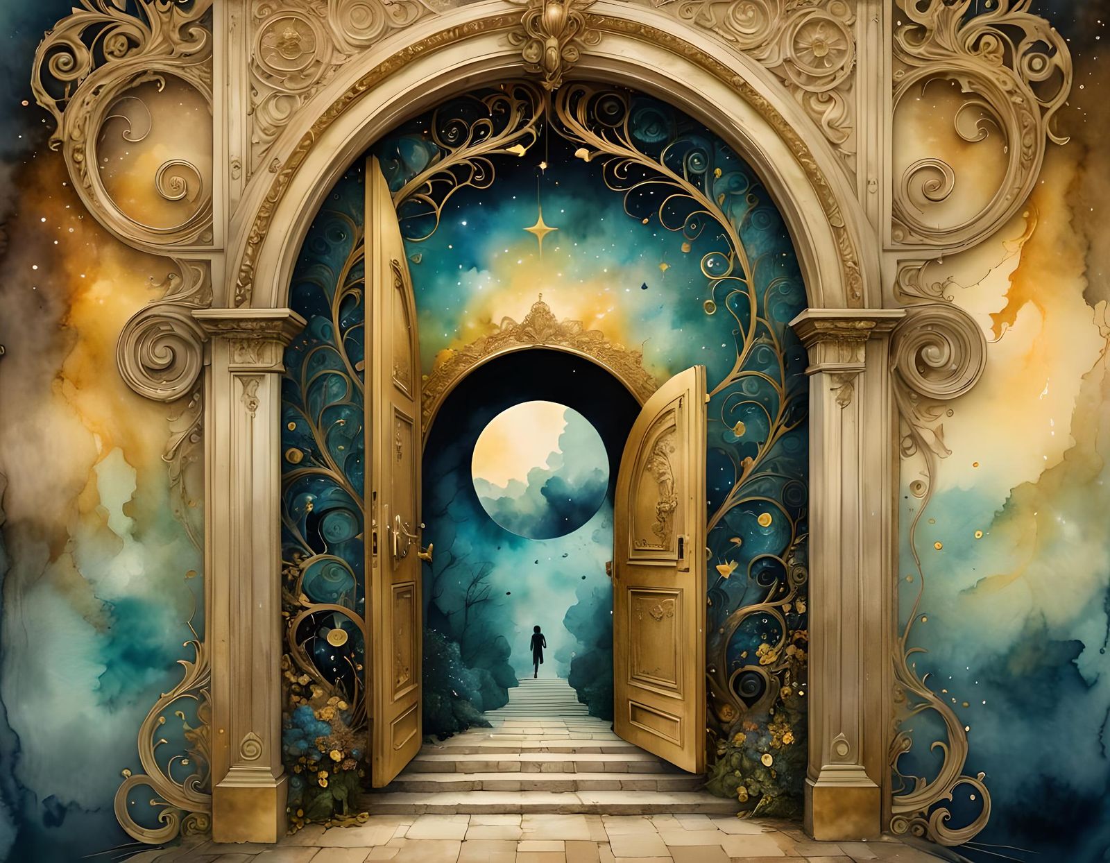 Fantasy Realm Through Doorway in Surreal Watercolor Art