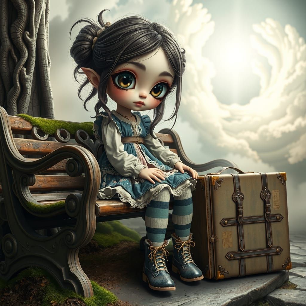 Whimsical Girl on Park Bench in Dreamy Setting
