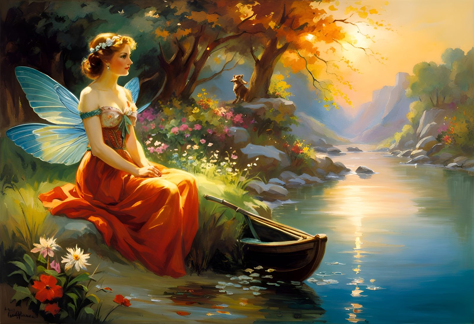 Fairy on Dragonfly Flight over River Landscape