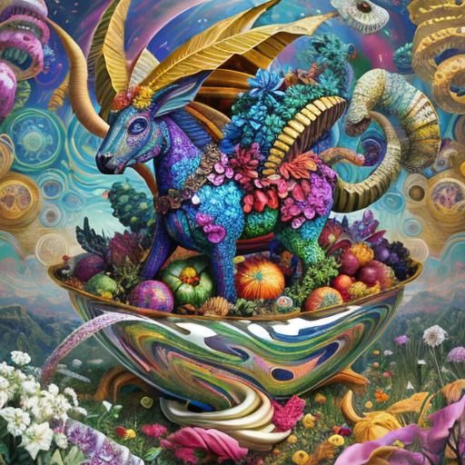 Psychedelic Surreal Cornucopia in Hyperrealistic 3D
