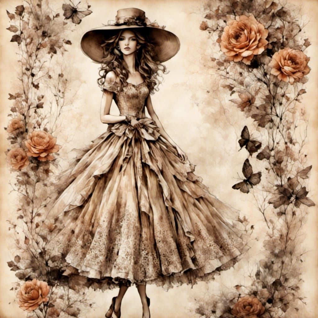 Feminine Dress with Hat in Doodle Art Style