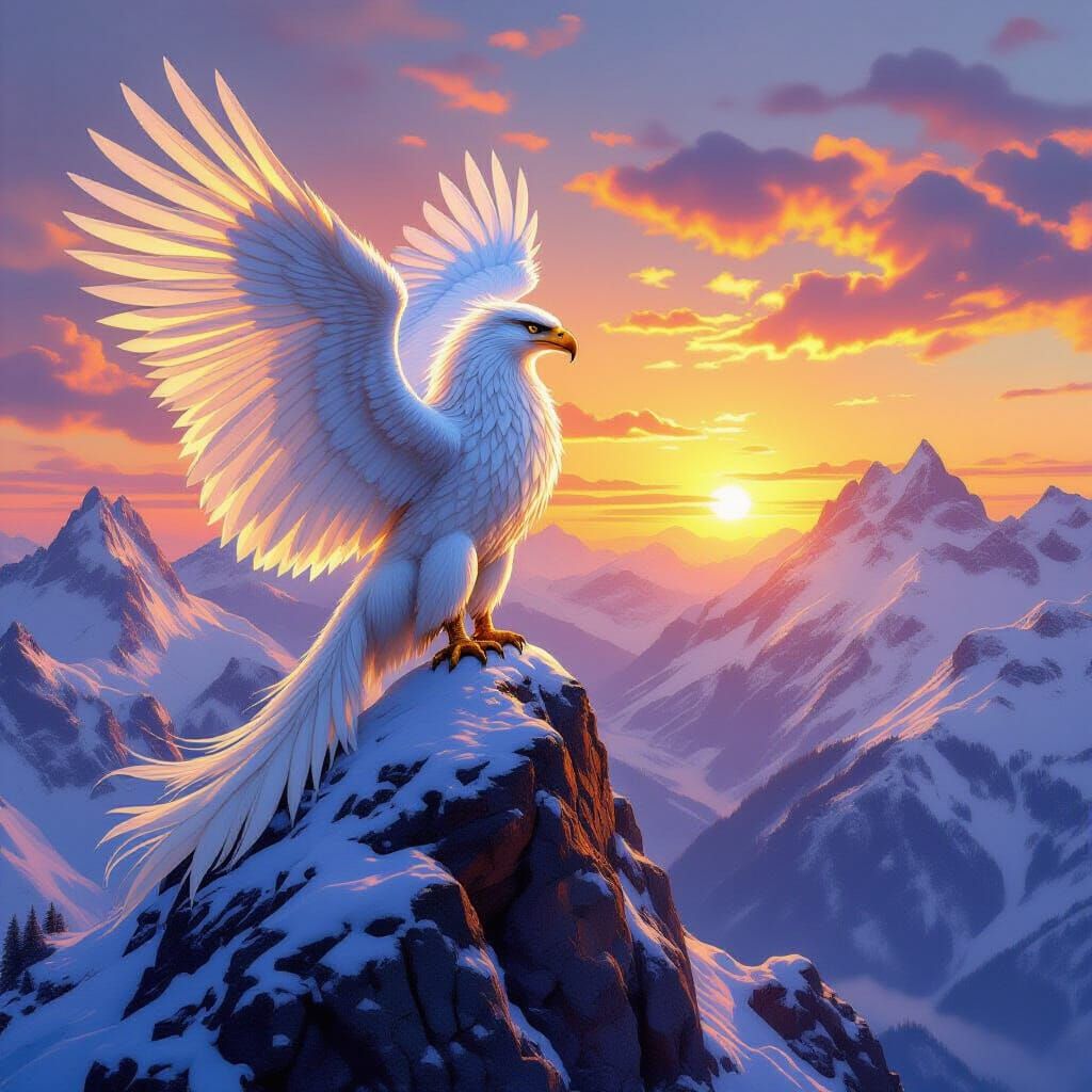 Griffin Perched Atop Snowy Mountain Peak