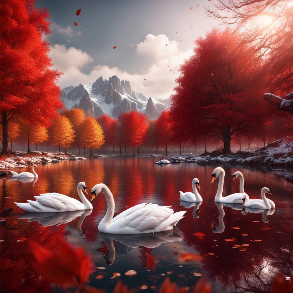Lake Como Autumn Scene with Swans and Snow