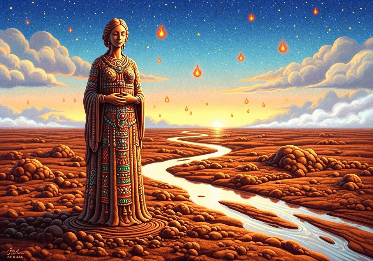 Ancient Clay Goddess Over Clay Landscape