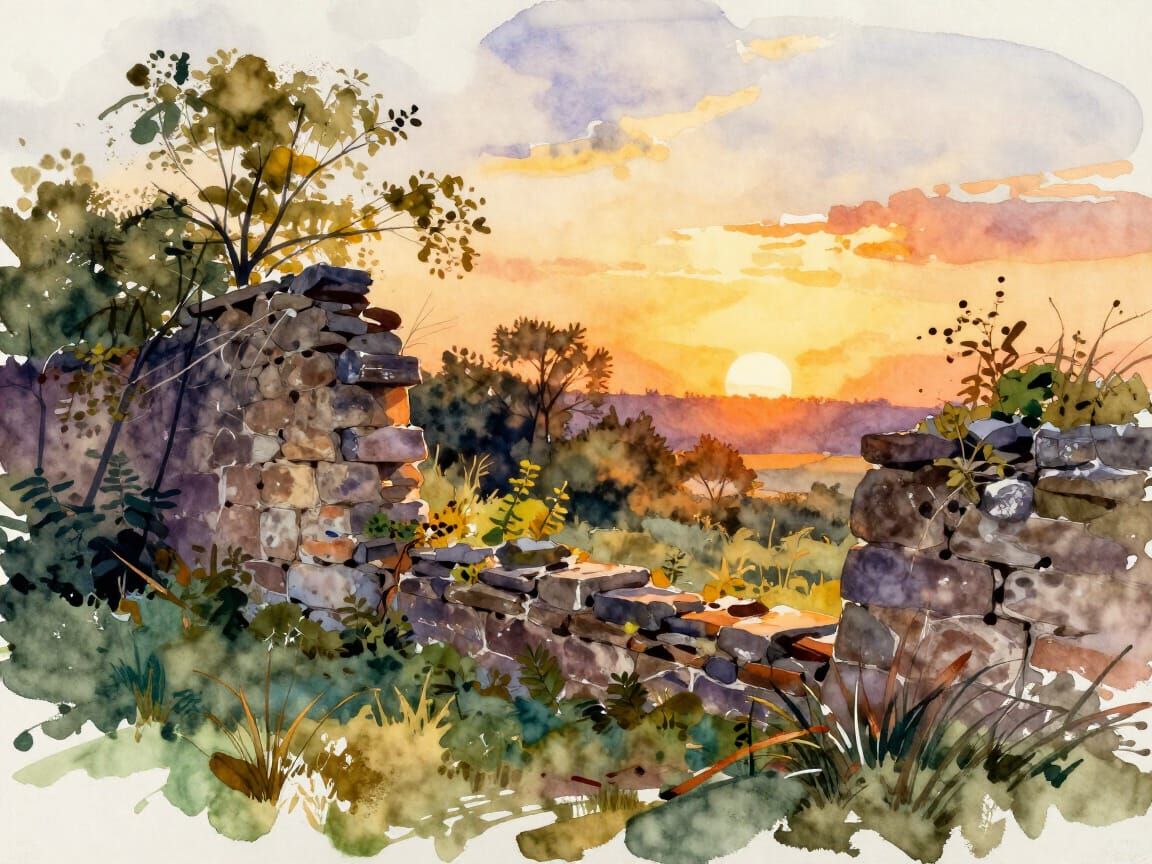 Watercolor Sunset Over Overgrown Stone Wall Ruin