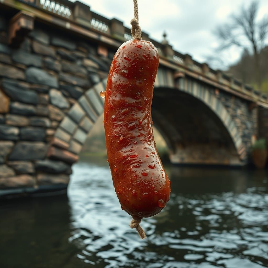 Sausage Floating Under River Bridge in Hyperrealism