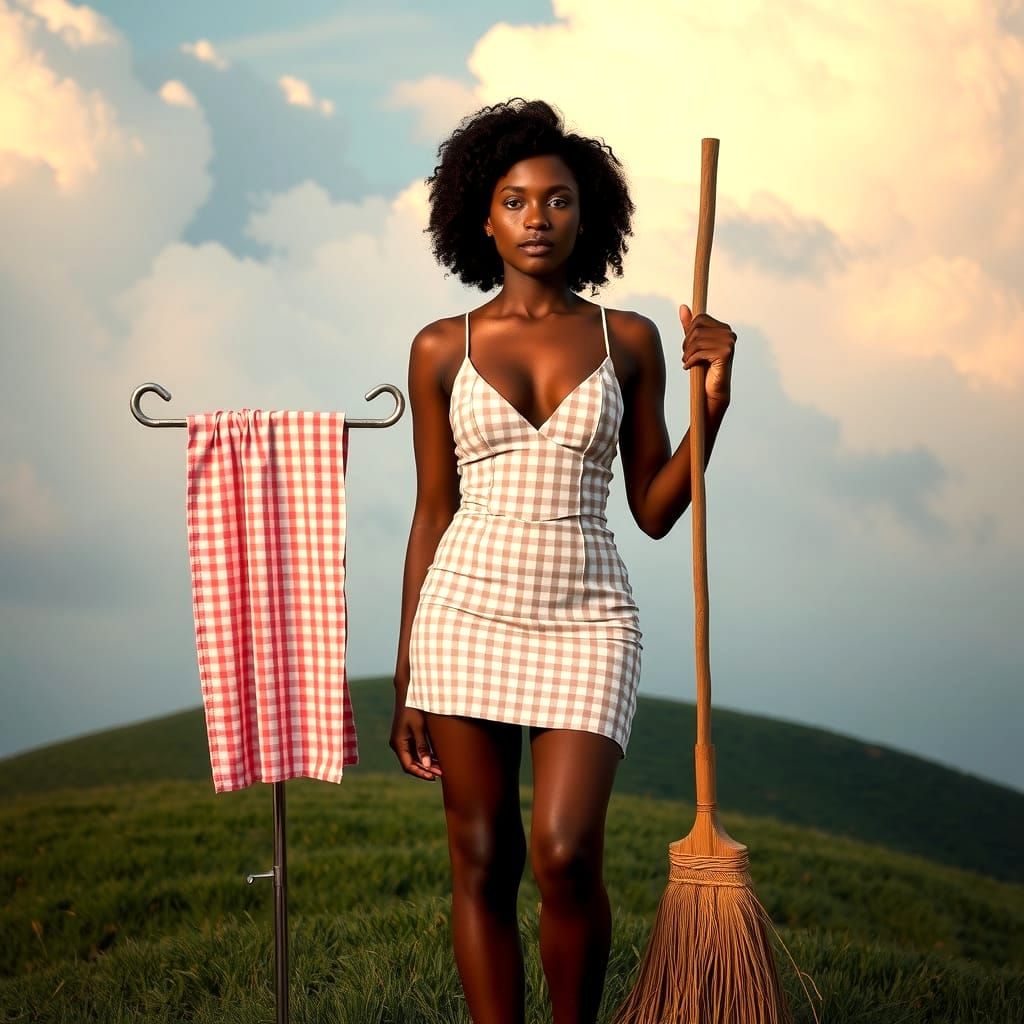 Surreal Gingham Goddess in a Whimsical Landscape