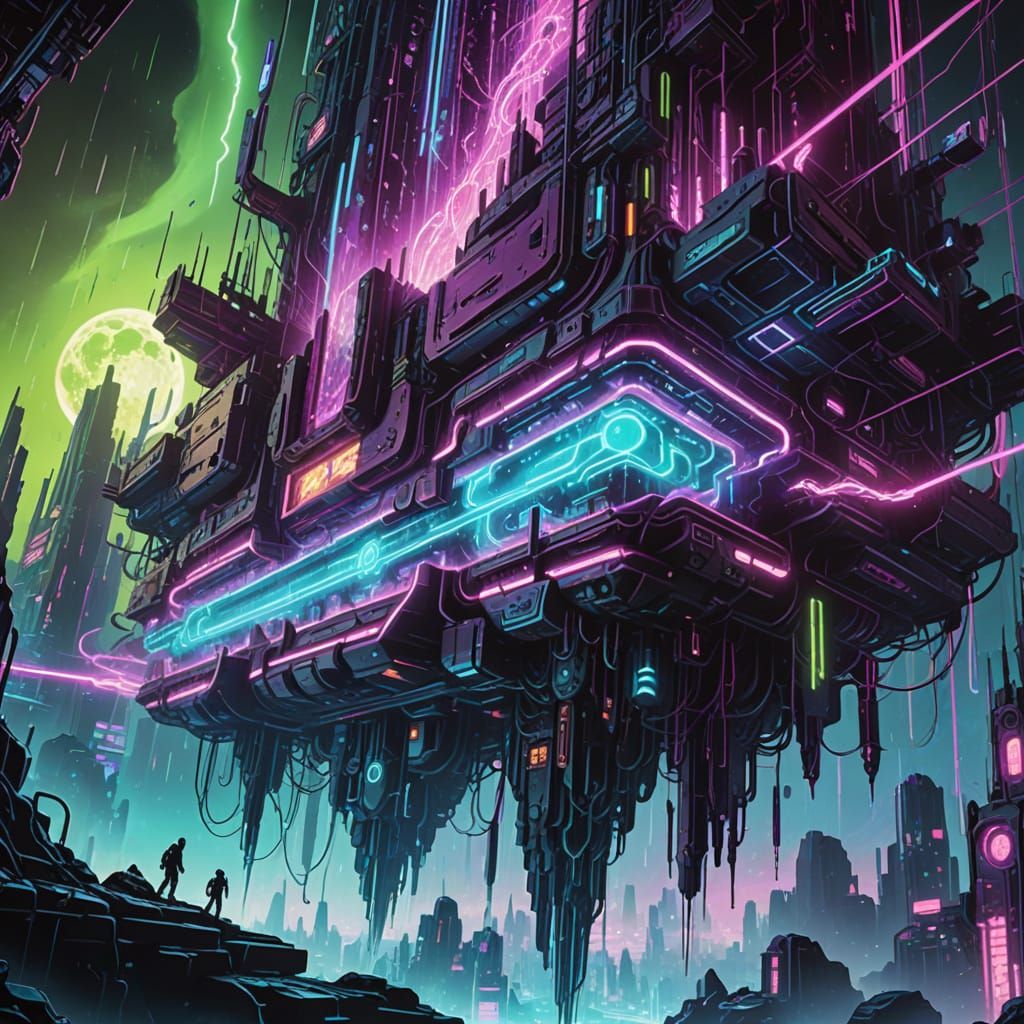 Cyberpunk Nebula Forge with Glowing Titanium Islands and Neo...