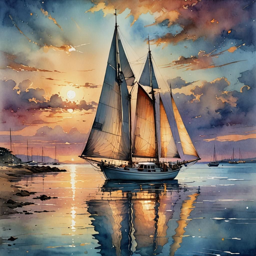 Sailboat at Sunset: Digital Watercolor Illustration
