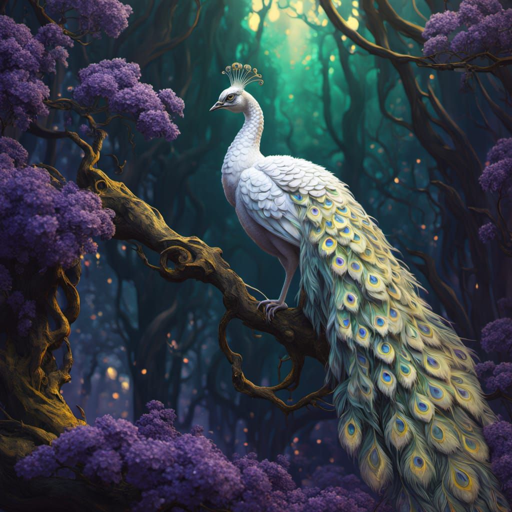 Elegant White Peacock Concept Art in Oil Painting Style
