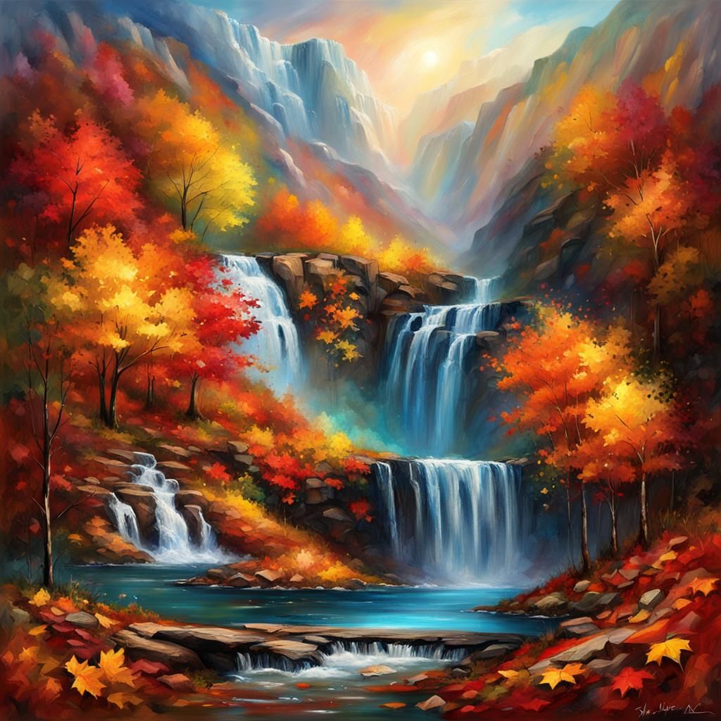 Autumn Waterfall: Contemporary Abstract Oil Painting