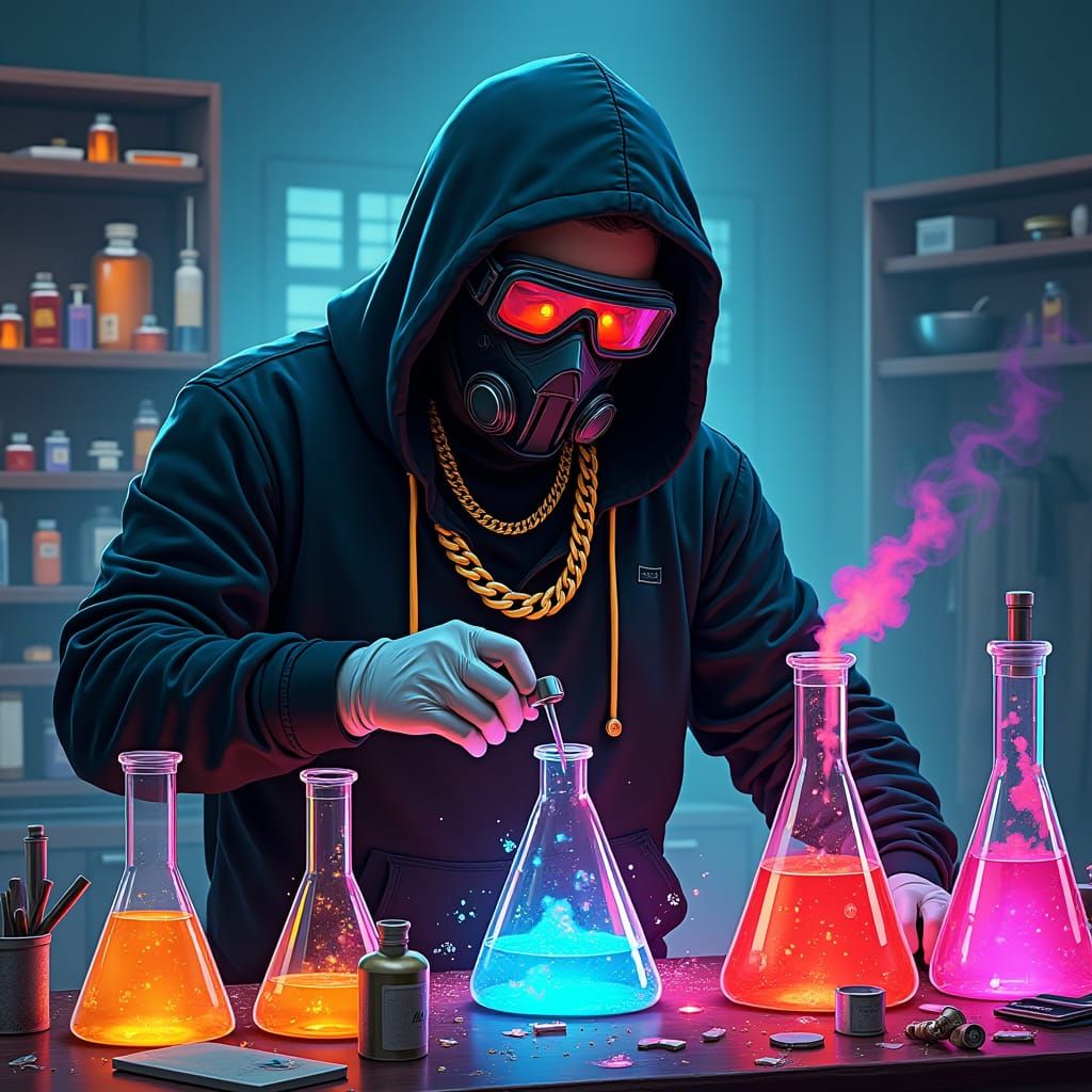 Futuristic Chemist Mixing Chemicals in High-Tech Lab
