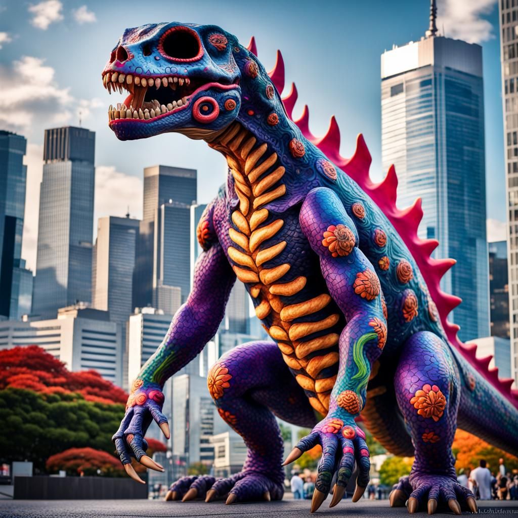 Giant Sugar Skull faced Kaiju  lizard monster ,trick or treating, among the skyscraper buildings of Tokyo  Hyperrealisti...