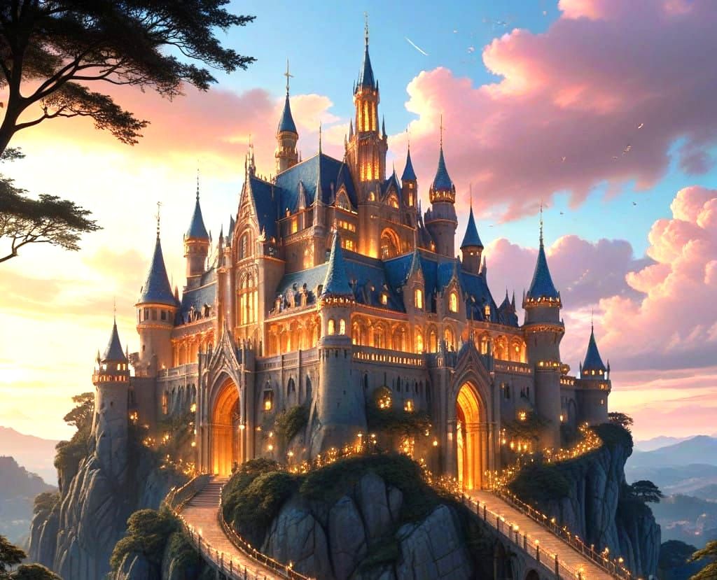 Gothic Fantasy Palace in Whimsical Sunrise