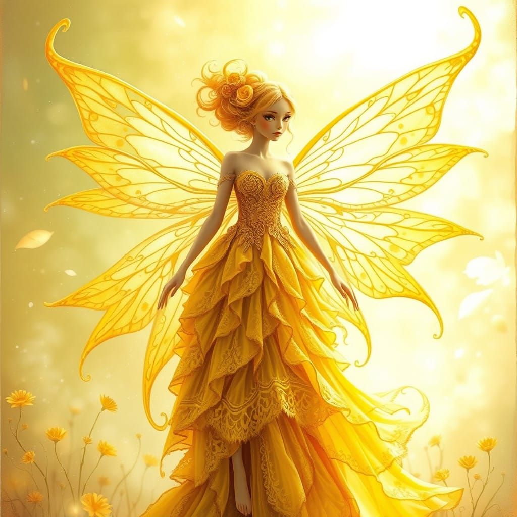 Dreamy Yellow Fairy with Majestic, Intricately Patterned Win...
