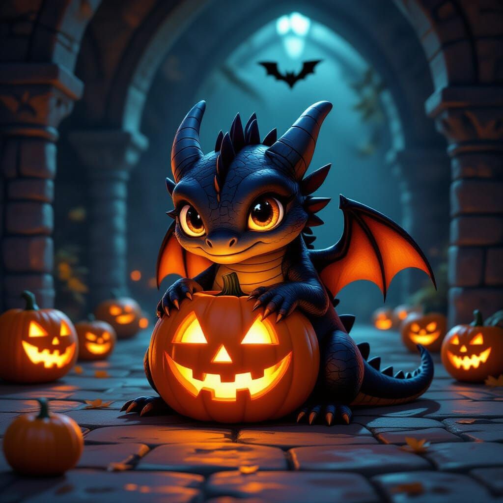 Cute Black Dragon Hugs Glowing Jack-o'-Lantern in Dungeon