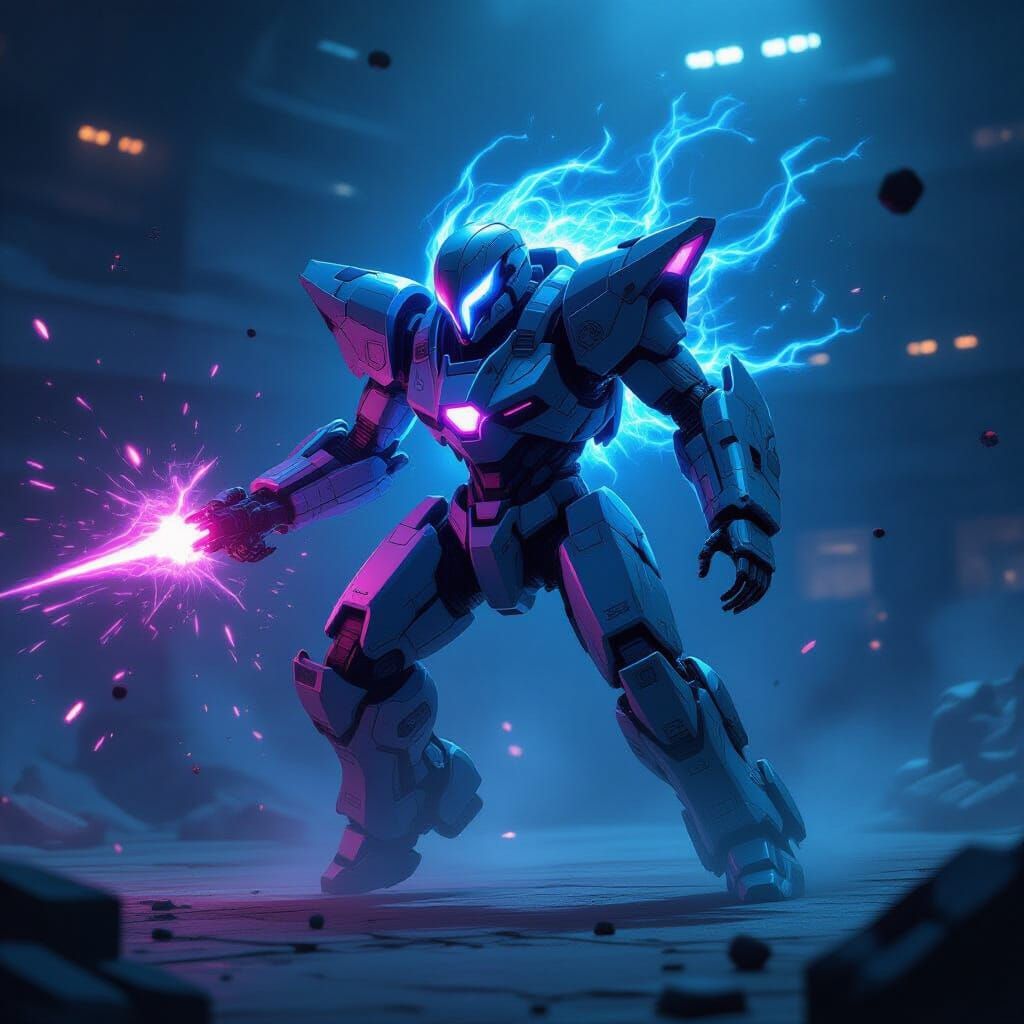 Ghostly Mech Suit in Ethereal Blue and Purple Glow