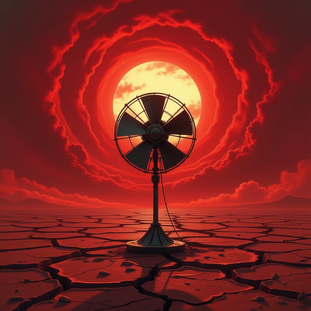 Mythical Fan on Volcanic Plain Under Crimson Sky