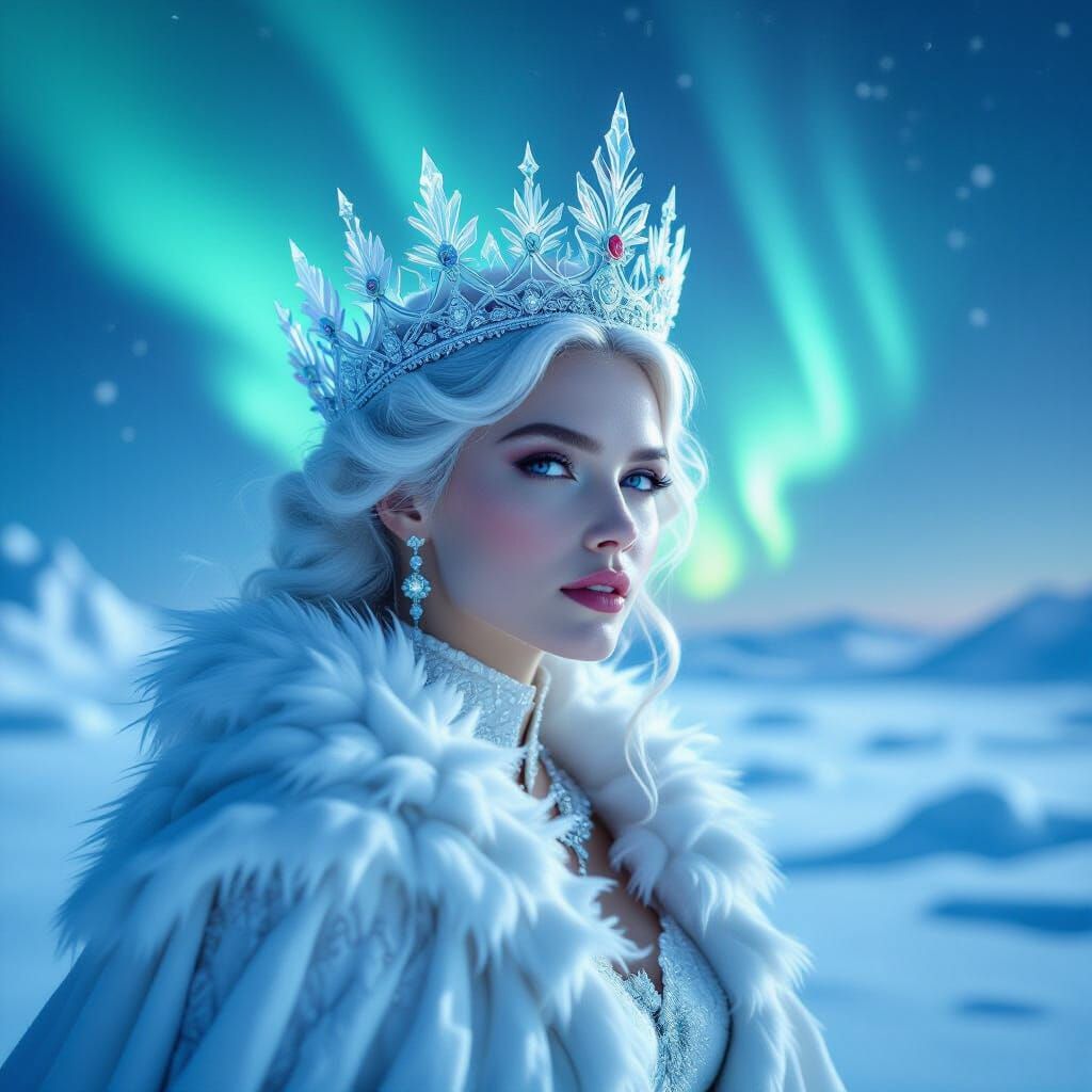 Icy Queen on Frozen Tundra Under Aurora