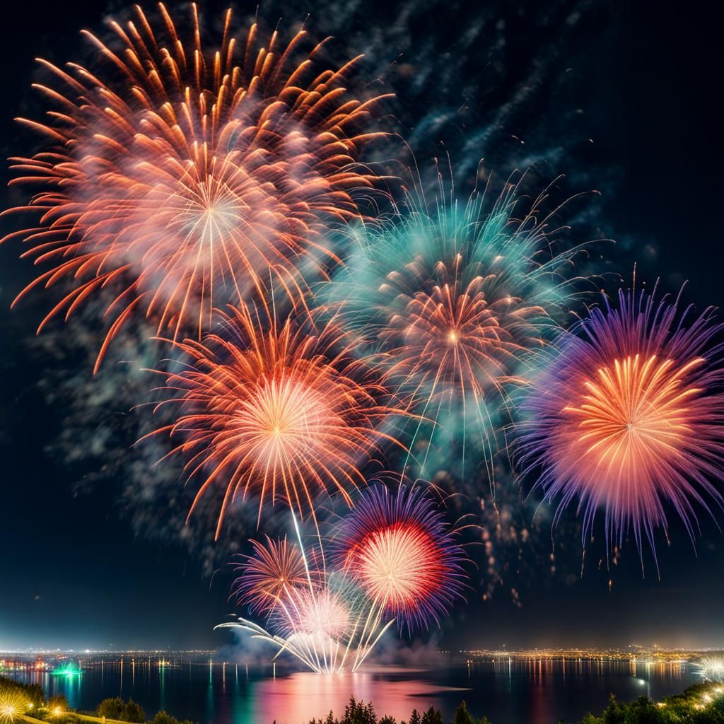 Spectacular Colorful Fireworks Exploding in Night Sky