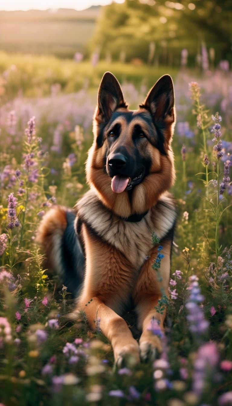 German Shepherd in Wildflower Field, Hyperreal Photo