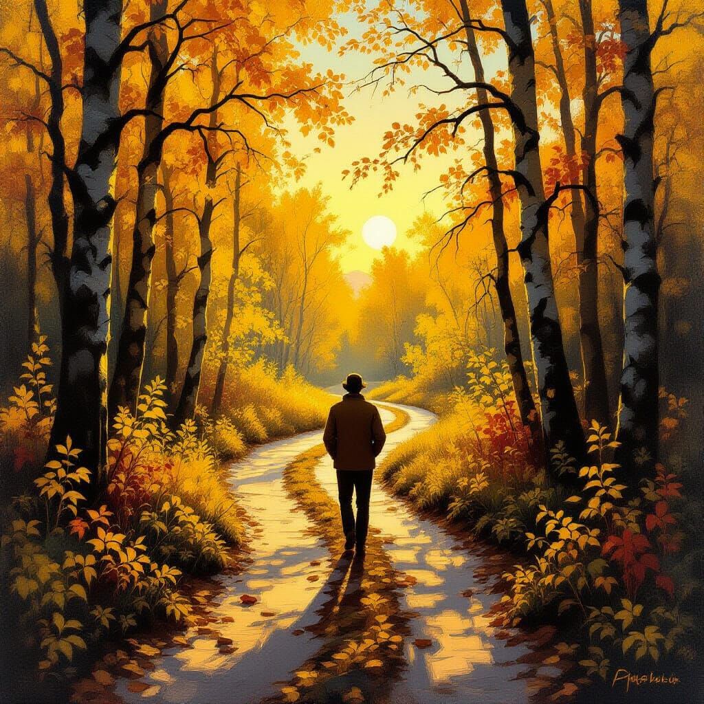 Traveler Contemplates Paths in Impressionistic Yellow Wood