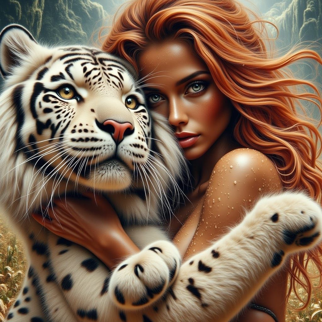 Woman and White Tiger Portrait in Noir Style