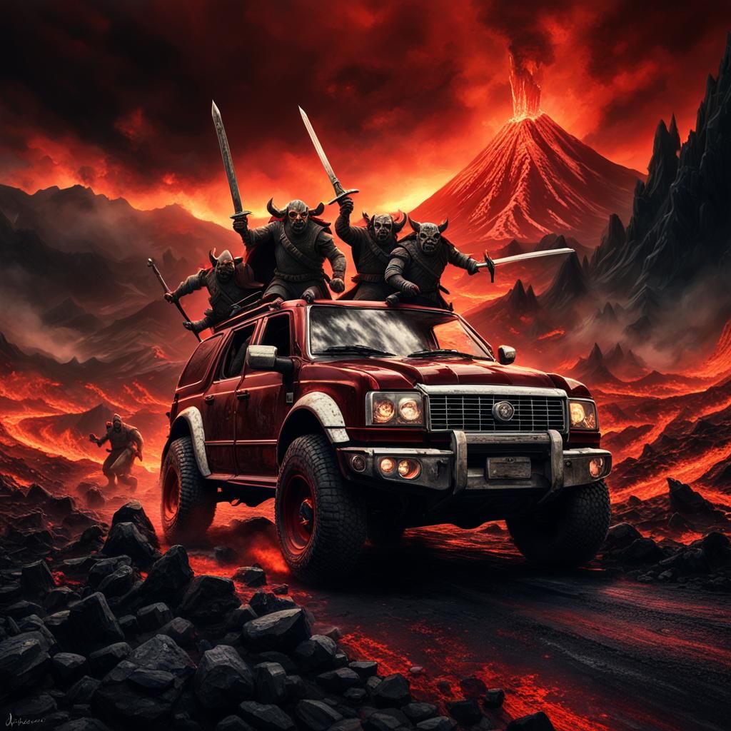 Orcs Chase SUV in Mount Doom Hellscape
