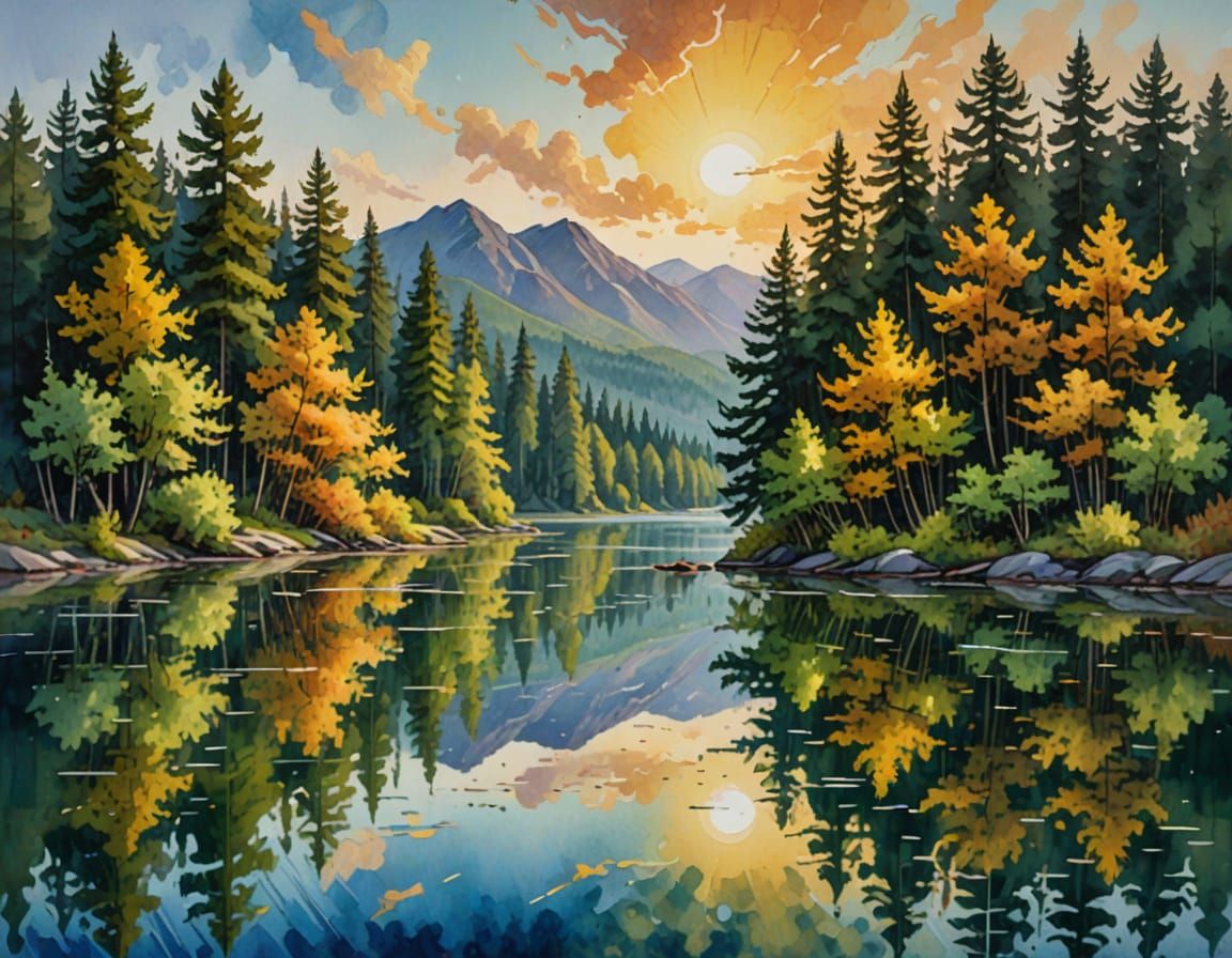 Vibrant Lake Masterpiece in Impasto Gouache
