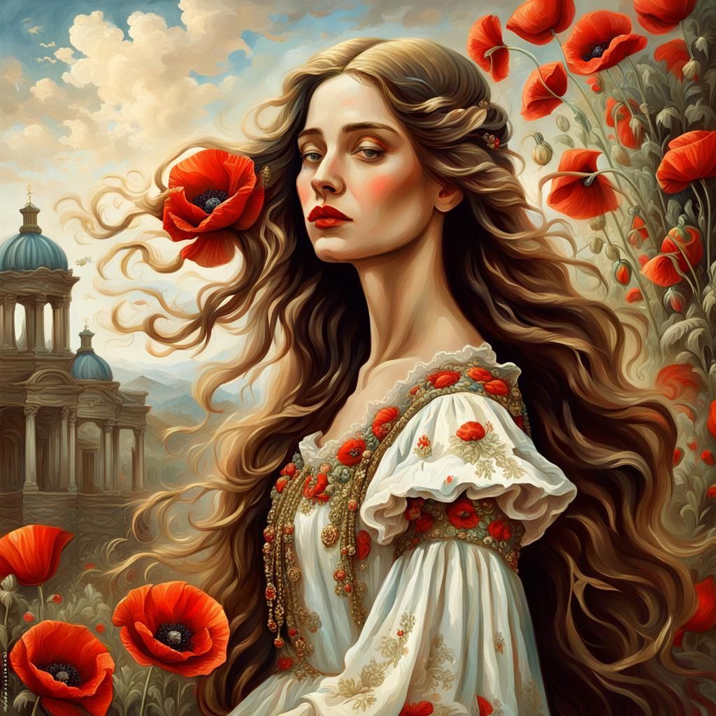 Woman with Poppies in Baroque Dress: Detailed Digital Painti...