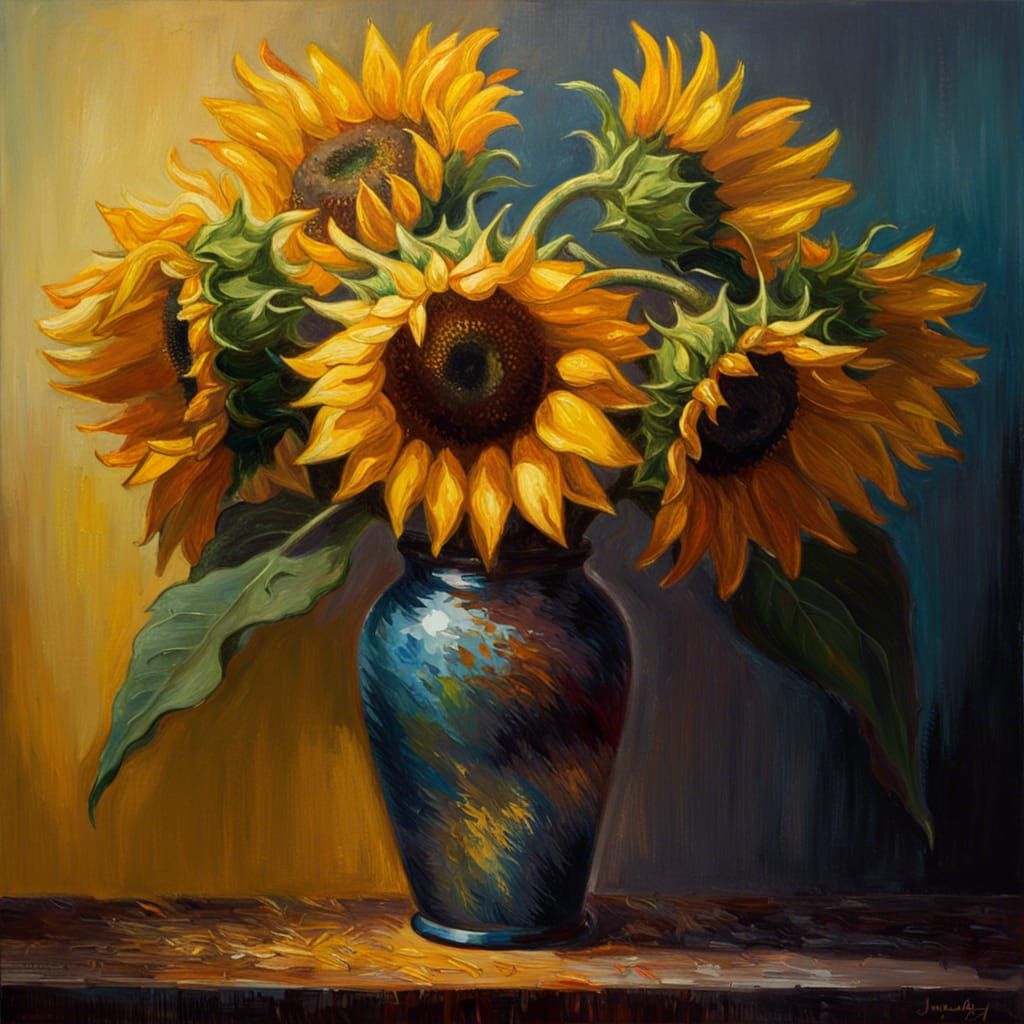 Sunflower in Vase: Impressionistic Oil Painting