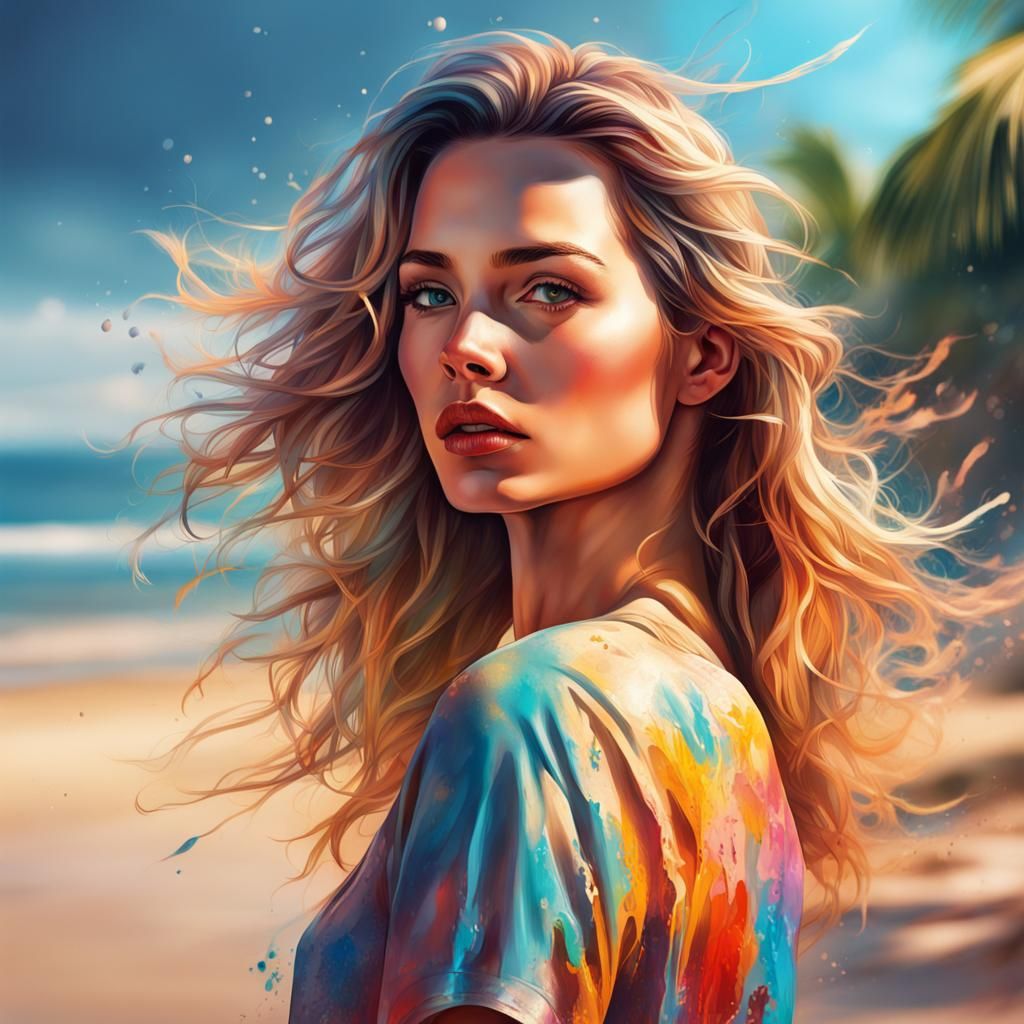 Attractive Women on the Beach in Splash Art Style