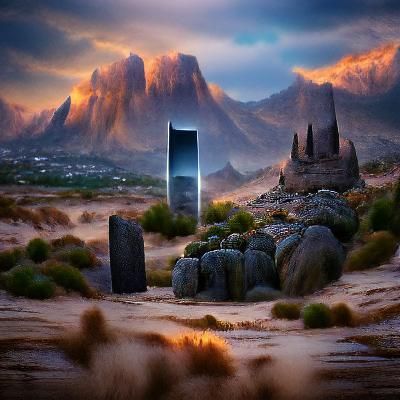 Fantasy Desert Landscape with Monolith
