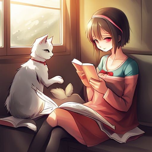 Girl Reads Book with Cat in Anime Style