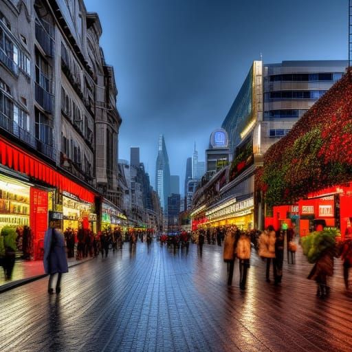 Hyperrealistic Shopping Street in Big City