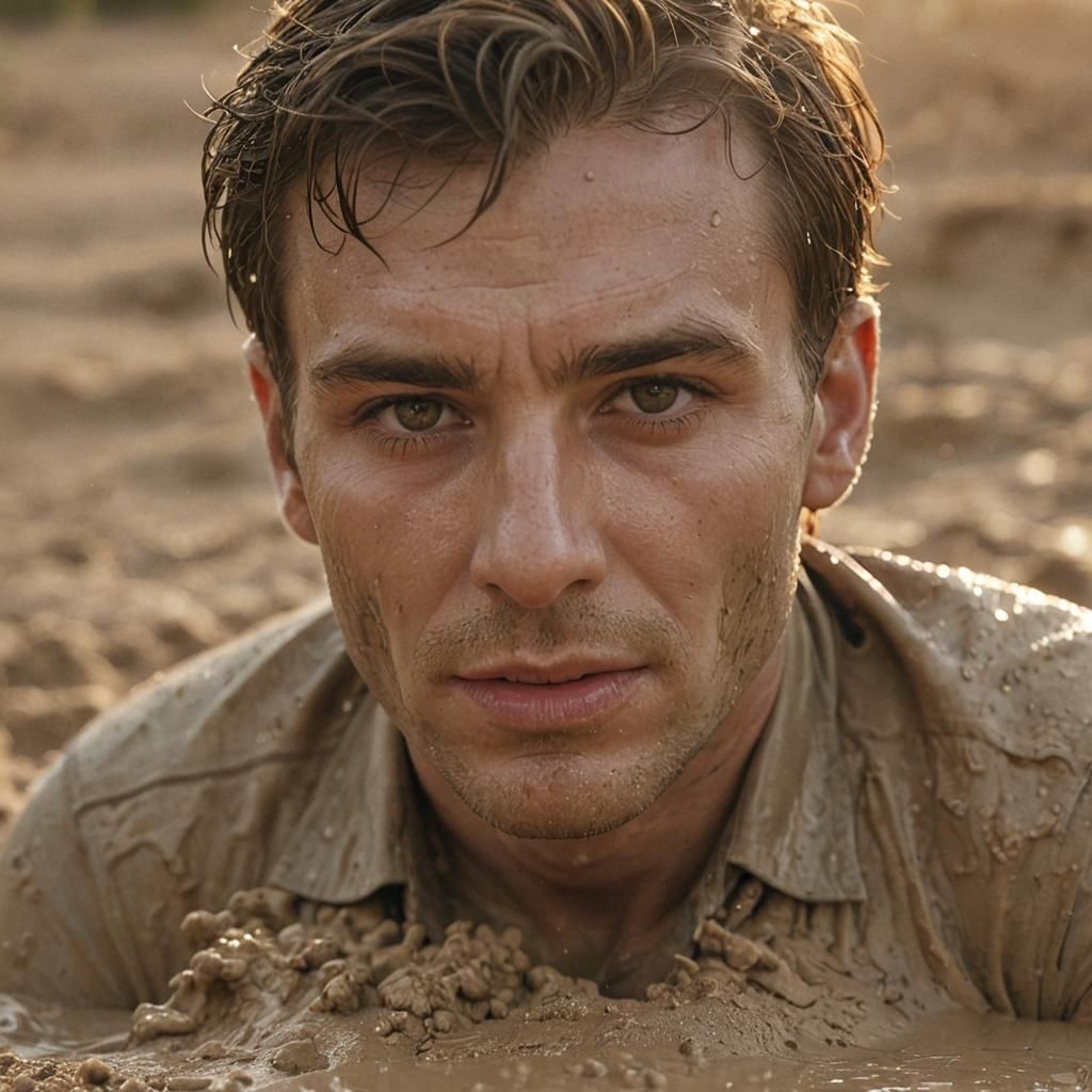 Man's Desperate Struggle with Quicksand in Golden Light