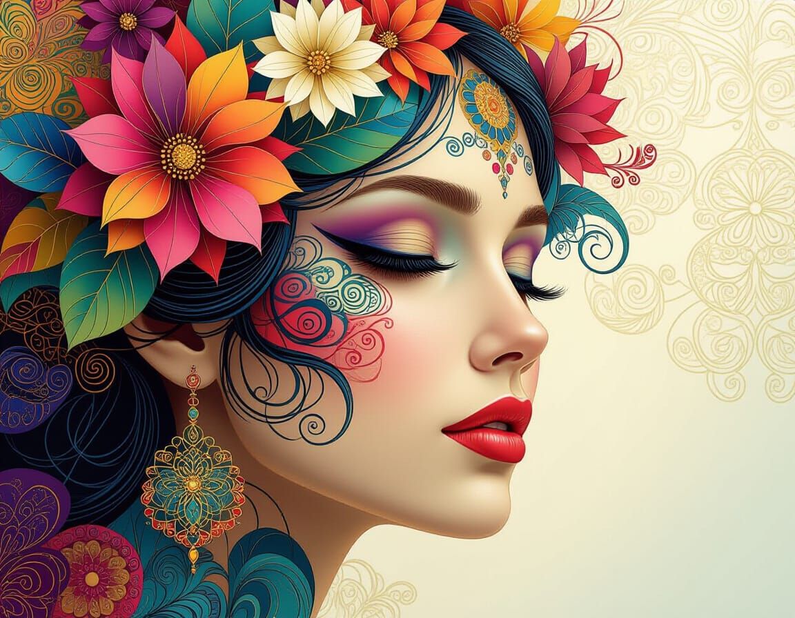 Fractal Woman: A Visionary Portrait in Mixed Styles