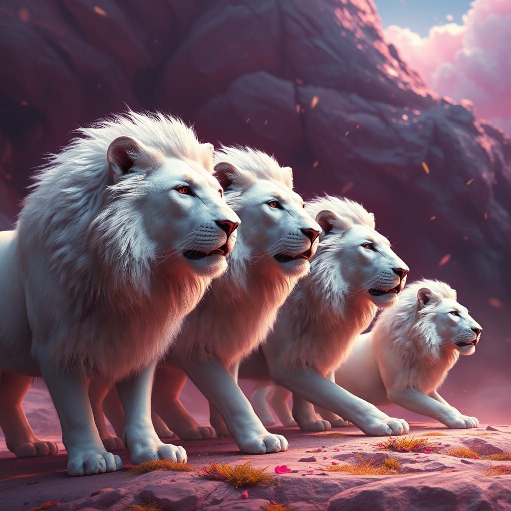 White Lion Family in Detailed Matte Painting