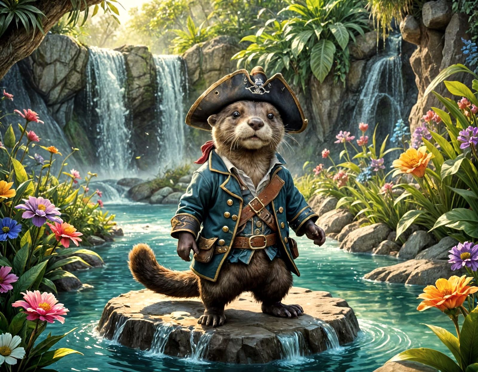Playful Pirate Otter Slides Down Rainbow Waterfall