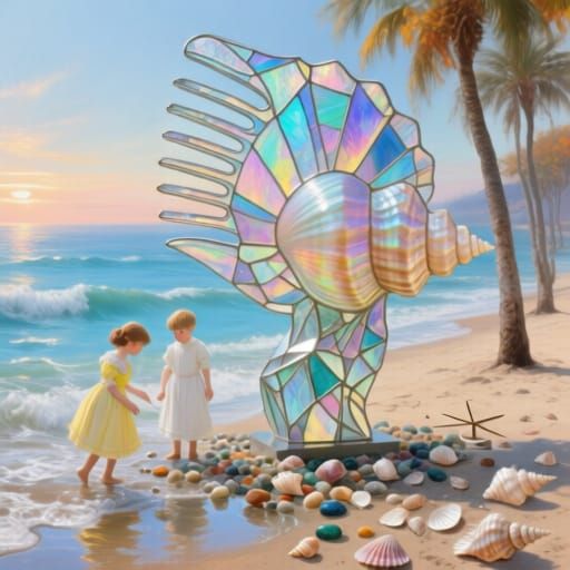 Sea Colorful Modernist Stained Glass Sculpture Art