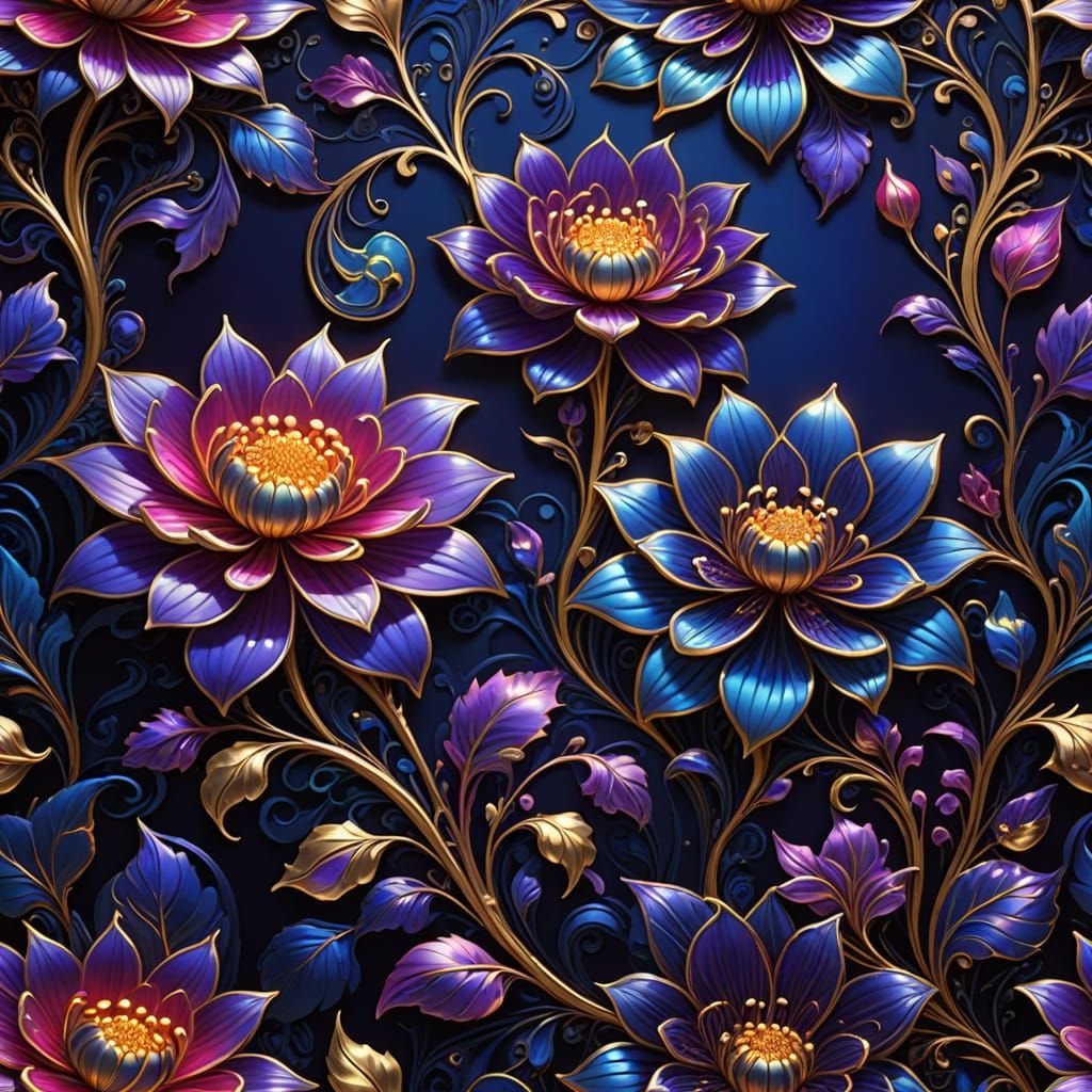 Surreal Floral Art Nouveau Masterpiece With Glowing Metallic...
