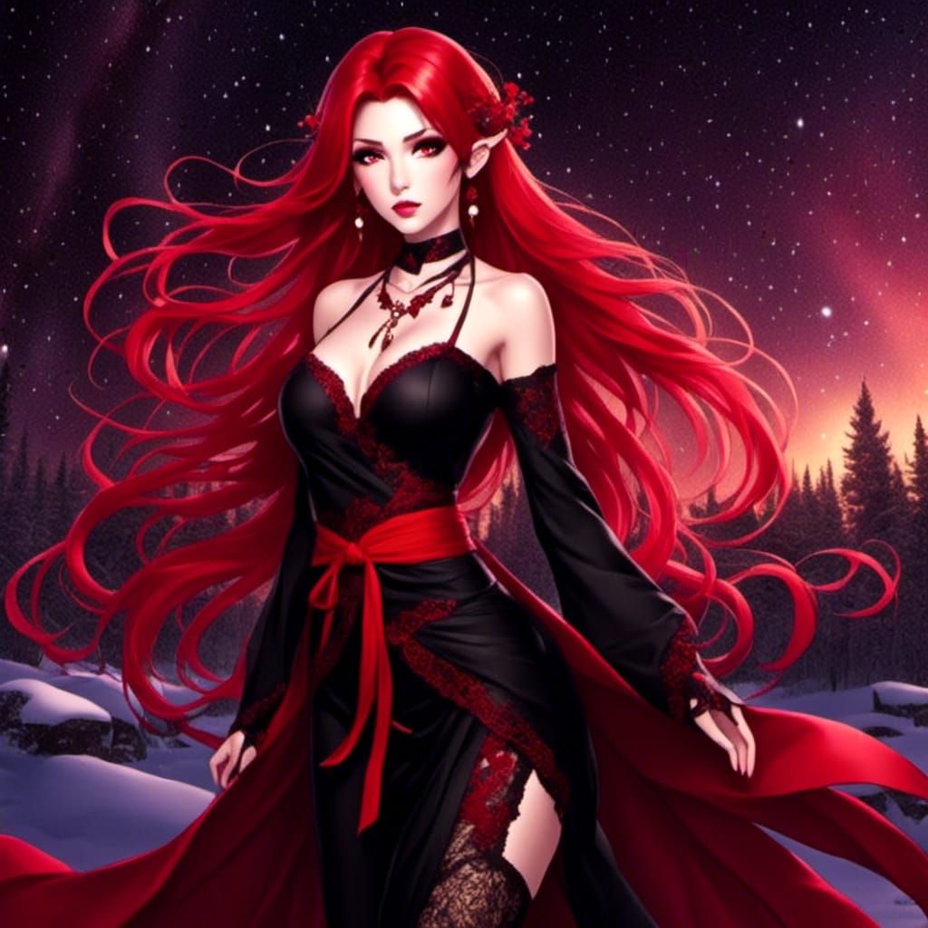 Anime Elf Woman in Kimono with Red Hair