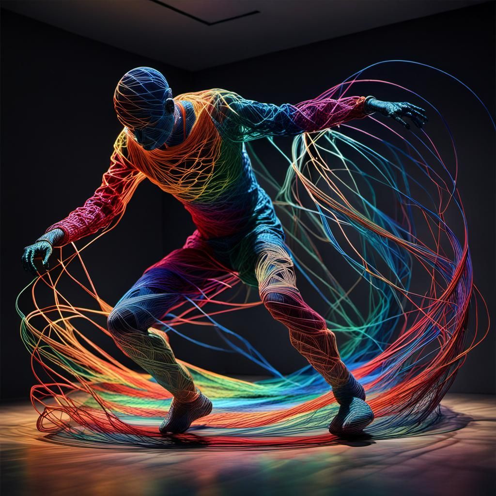 Colorful String Sculpture Suspended in Air