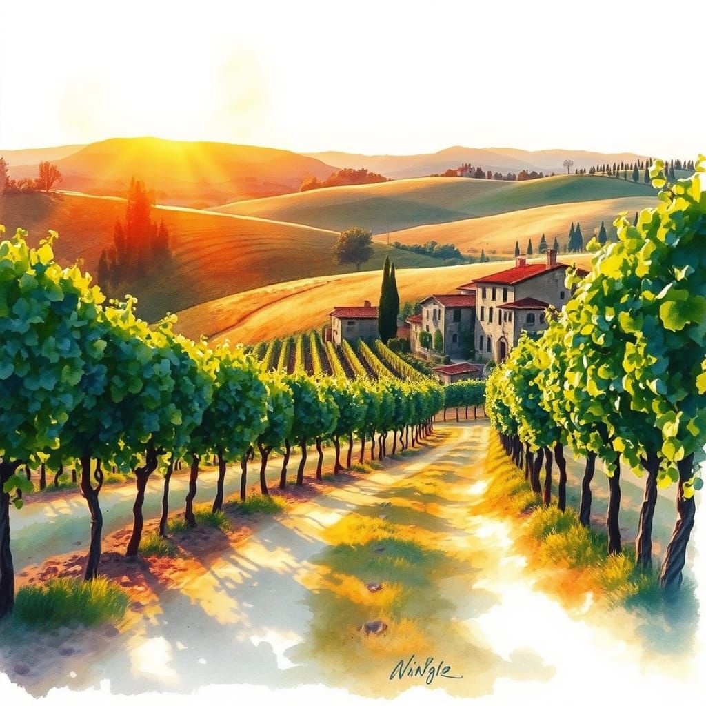 Elegant Tuscan Vineyard Scene in Watercolour Style
