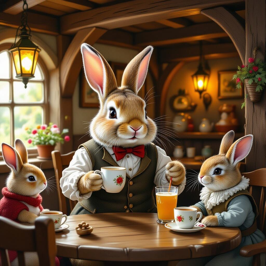 Cozy Tavern Scene with Rabbit Bartender, Children's Book Sty...