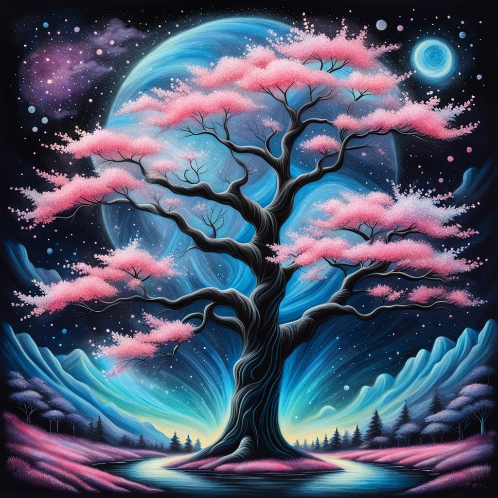 Sakura Tree Chalk Art with Bioluminescent Details
