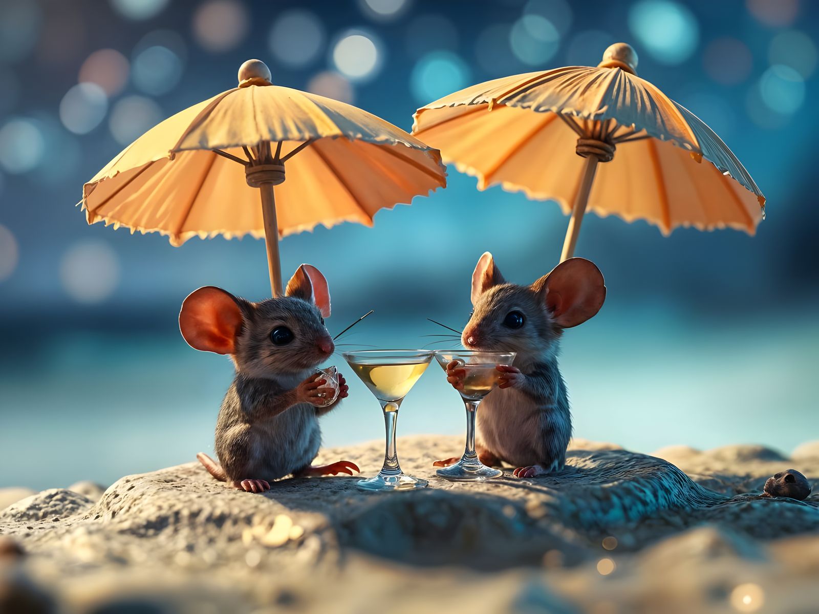 Surreal Beach Party with Mice in Cosmic Cocktail Oasis