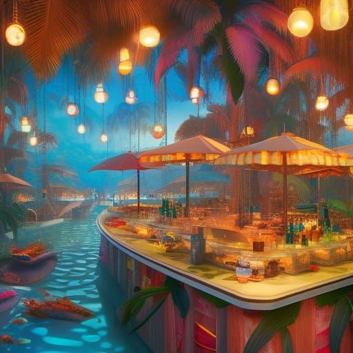Tropical Cocktail Bar with Refreshing Drinks in Digital Art