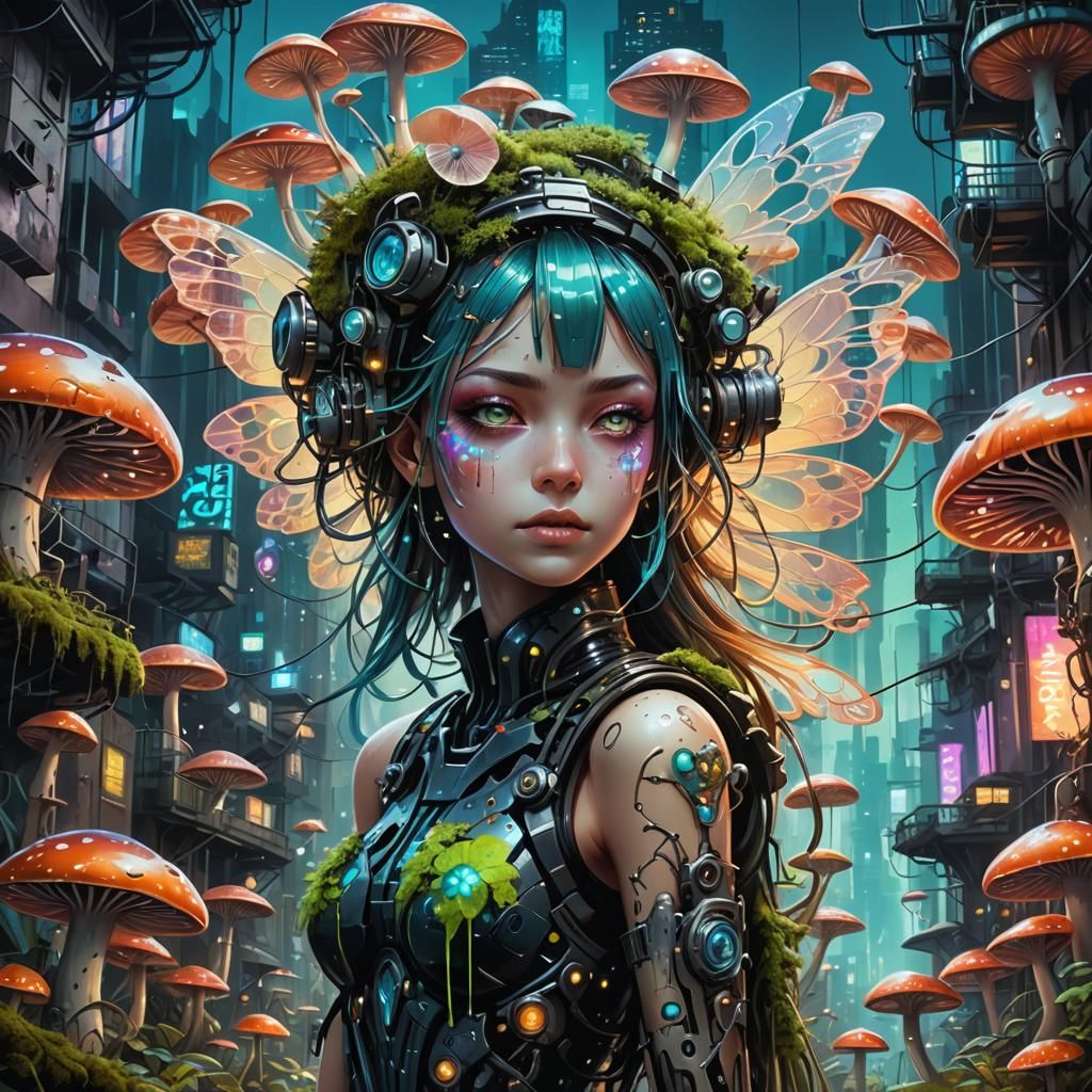 Cyberpunk Fairy in Bioluminescent City
