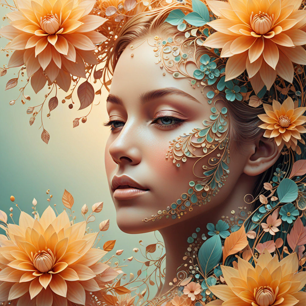 Soothing Floral Portrait in Vibrant Fractal Patterns